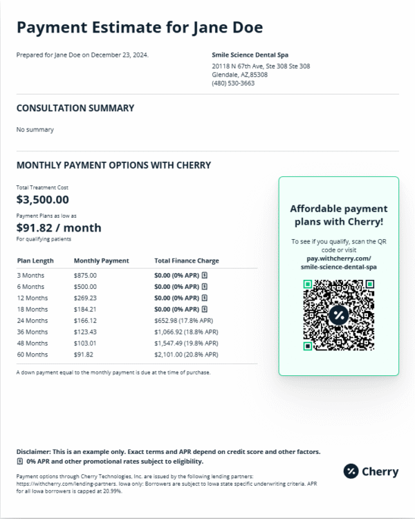 Cherry financing payment estimate for $2,500 Lite treatment