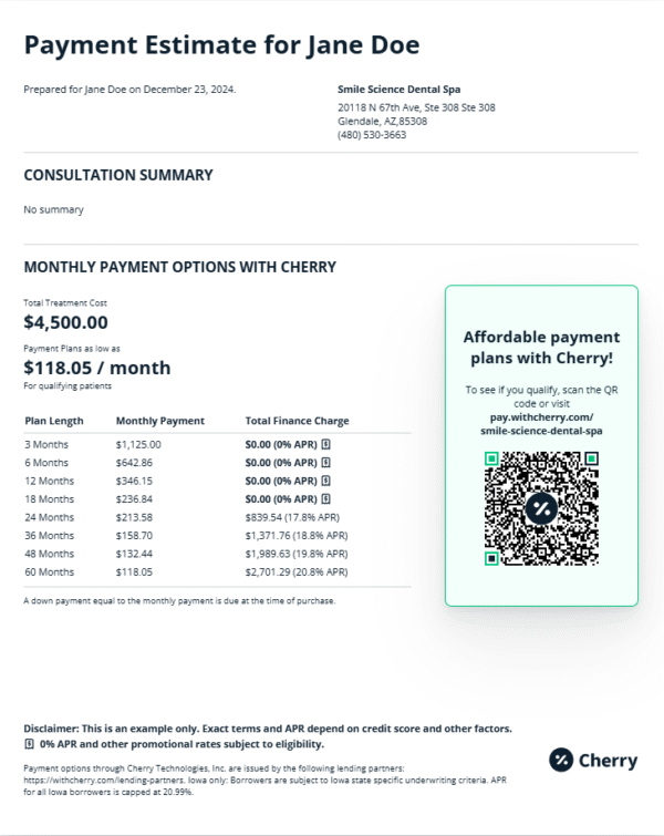 Cherry financing payment estimate for $4,499 Moderate treatment