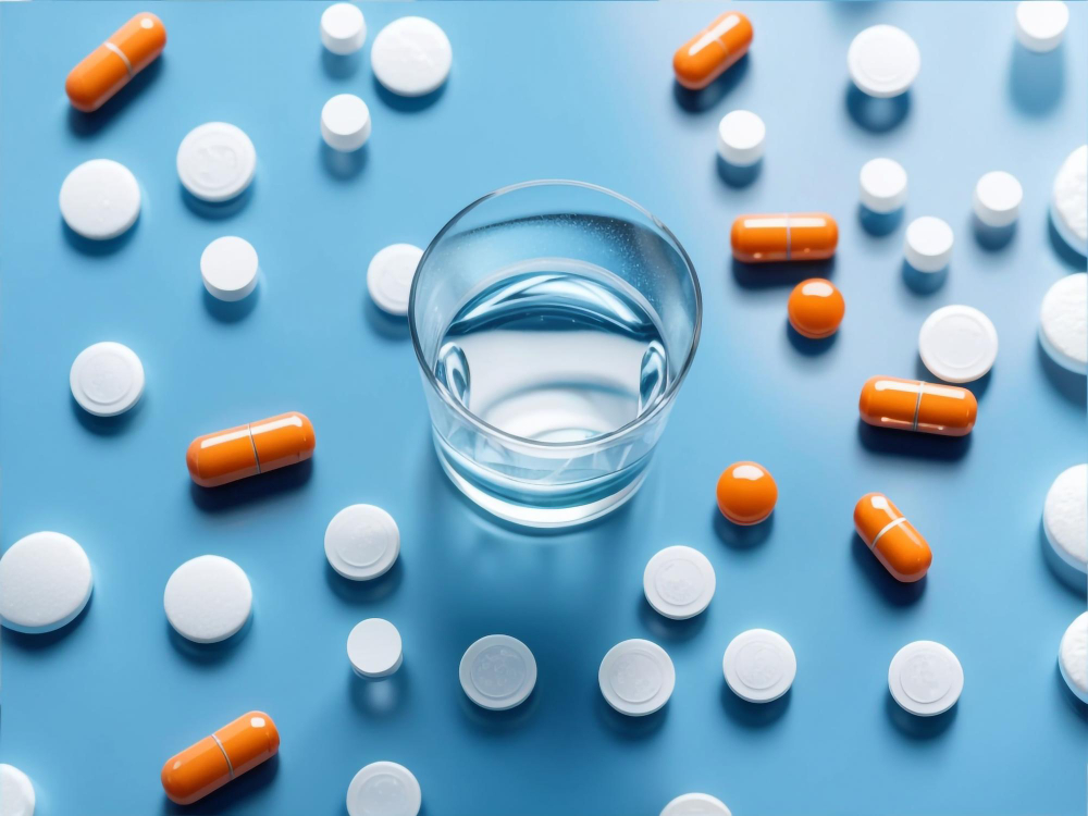 Various pills scattered on a table surrounding a glass of water