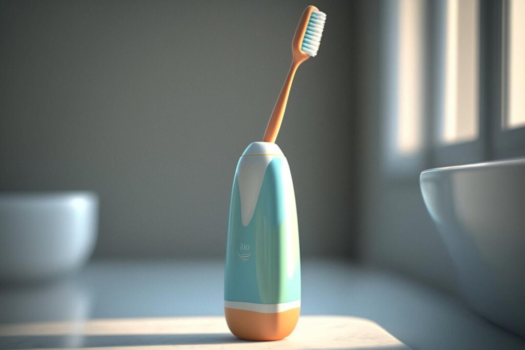 A manual toothbrush in a holder