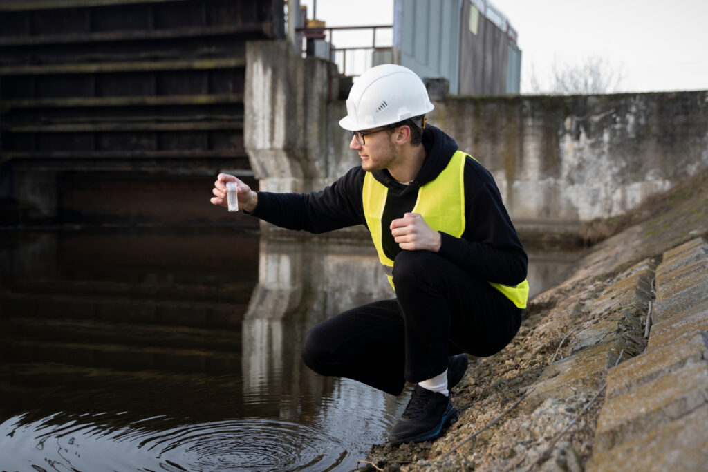 A water engineer wearing hard hat and safety vest tests water for safety