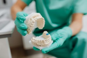 Dentist in gloves holding a dental model, illustrating orthodontics cost.
