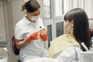 Dentist explaining crown tooth procedure with a model to a patient.